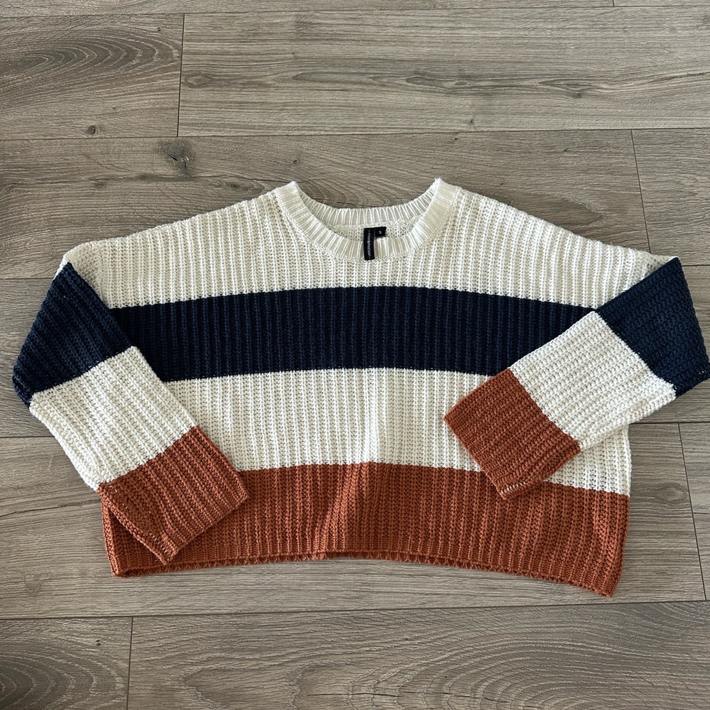 Striped Knit Sweater - Navy, Cream, and Brown Size Small